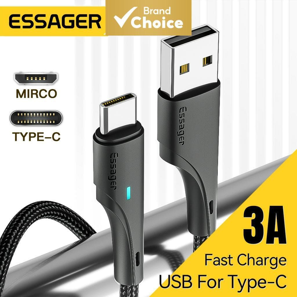 Cabo de carregamento rápido Essager 3A Type C/Micro/iP 2m/3m 2 em 1 cabo de dados para celular Android cabo de