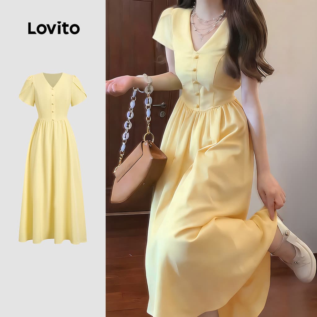 Lovito Vestido Elegante com Botões Estrutura Amarelo Claro Primavera/verão para Mulheres LK5LD129