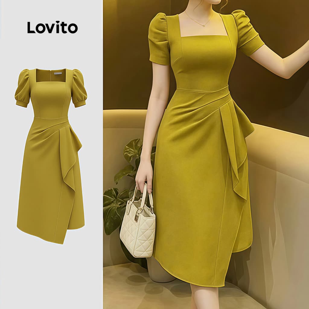 Lovito Vestido Casual Plissado Primavera/verão Cáqui para Mulheres LK4ED843