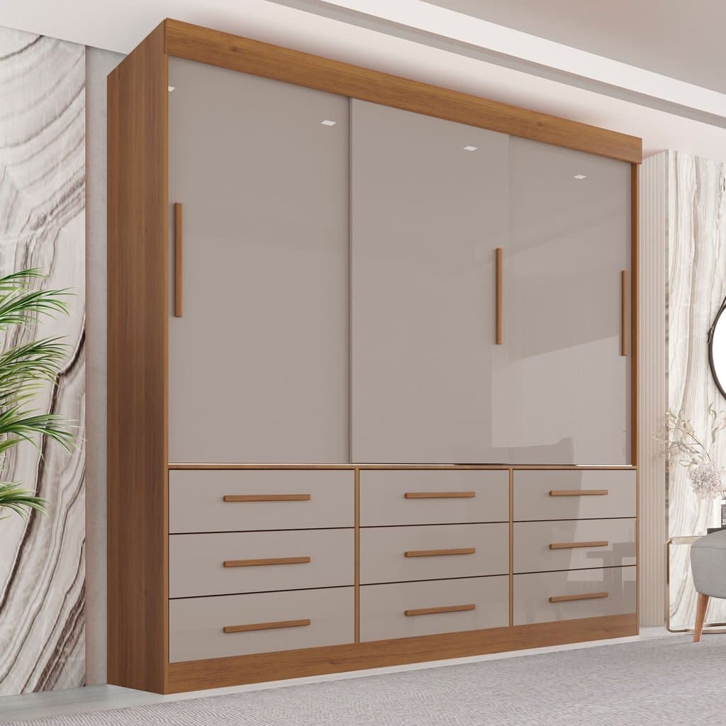 Guarda Roupa Casal 3 Portas 9 Gavetas Luana Off White/Cinamomo/Off-White Cinamomo/Off White