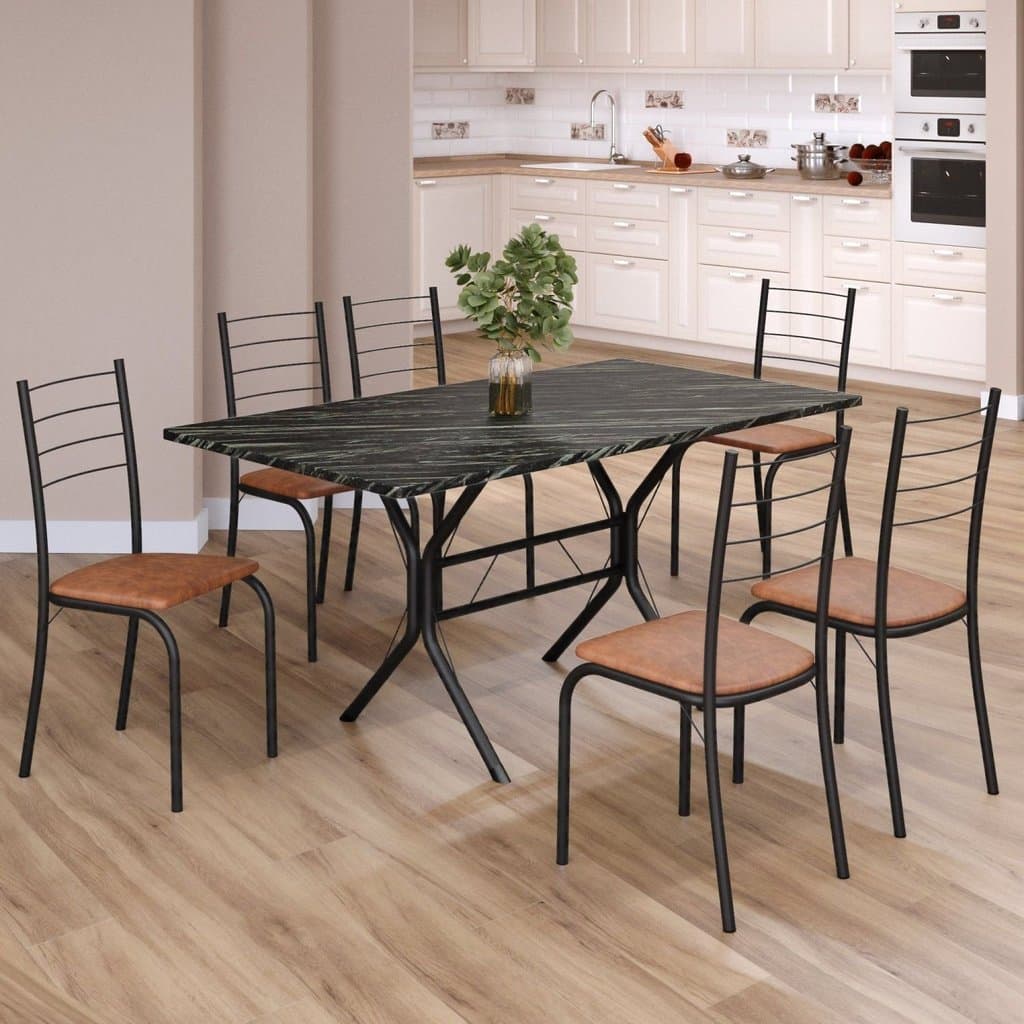Conjunto Sala de Jantar Mesa Retangular 140x75cm Tampo Ardósia Indiana 6 Cadeiras Rio Marrom/Preto
