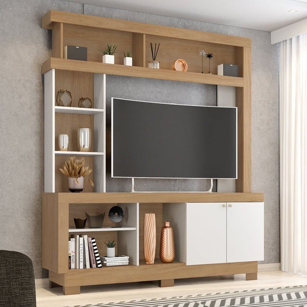 Estante para TV e Home Theater até 50 Polegadas 160CMX188CM 2 Portas 8 Nichos Nature Off White Mali Marrom Nature/Off
