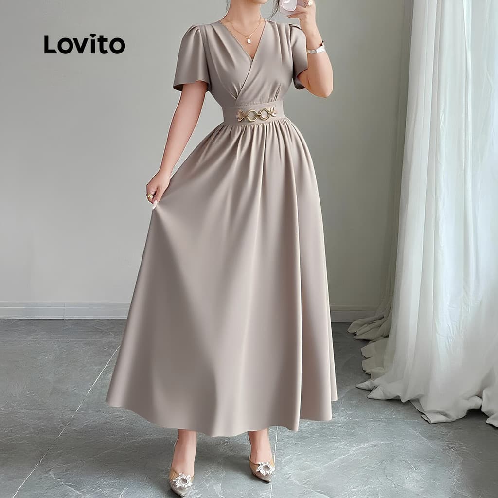 Lovito Elegante Vestido Clássico E Versátil Com Zíper Na Cor Cáqui Para Mulheres Primavera/verão L152LD050