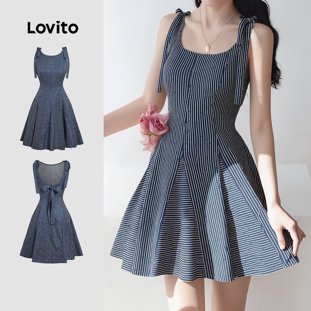 Lovito Vestido Azulescuro Geométrico Casual de Amarrar Na Frente para Mulheres primavera/verão L183ED1016