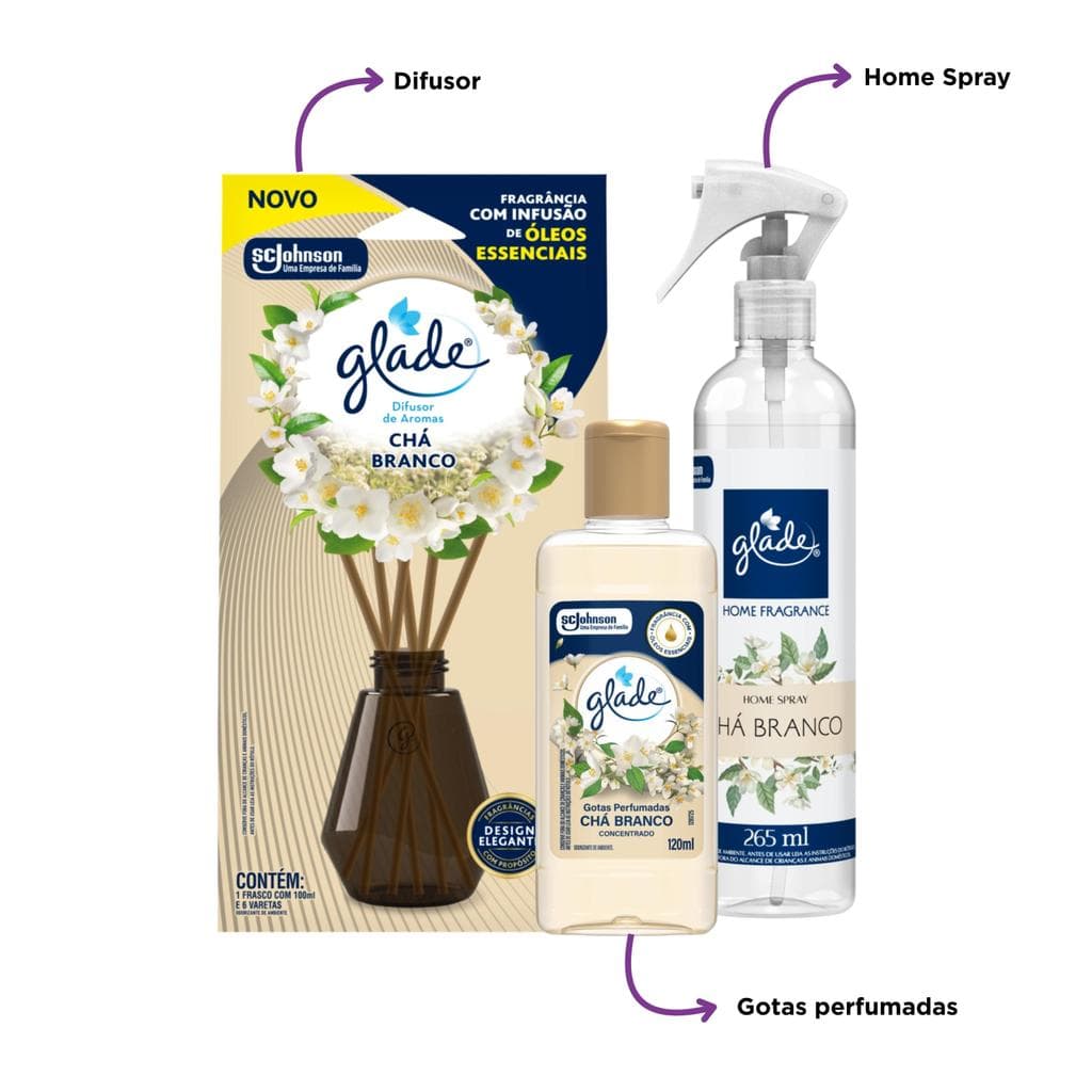 Kit Glade Chá Branco Difusor 100ml + Odorizador Home Fragrance 265ml + Gotas Perfumadas Concentradas 120ml
