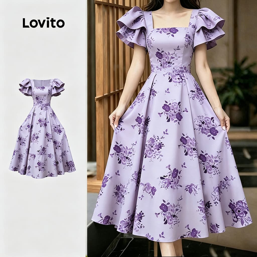 Lovito Floral Vestido Elegante com Estiloso Primavera/verão Vestido Roxo Claro para Mulheres LK4ED1494
