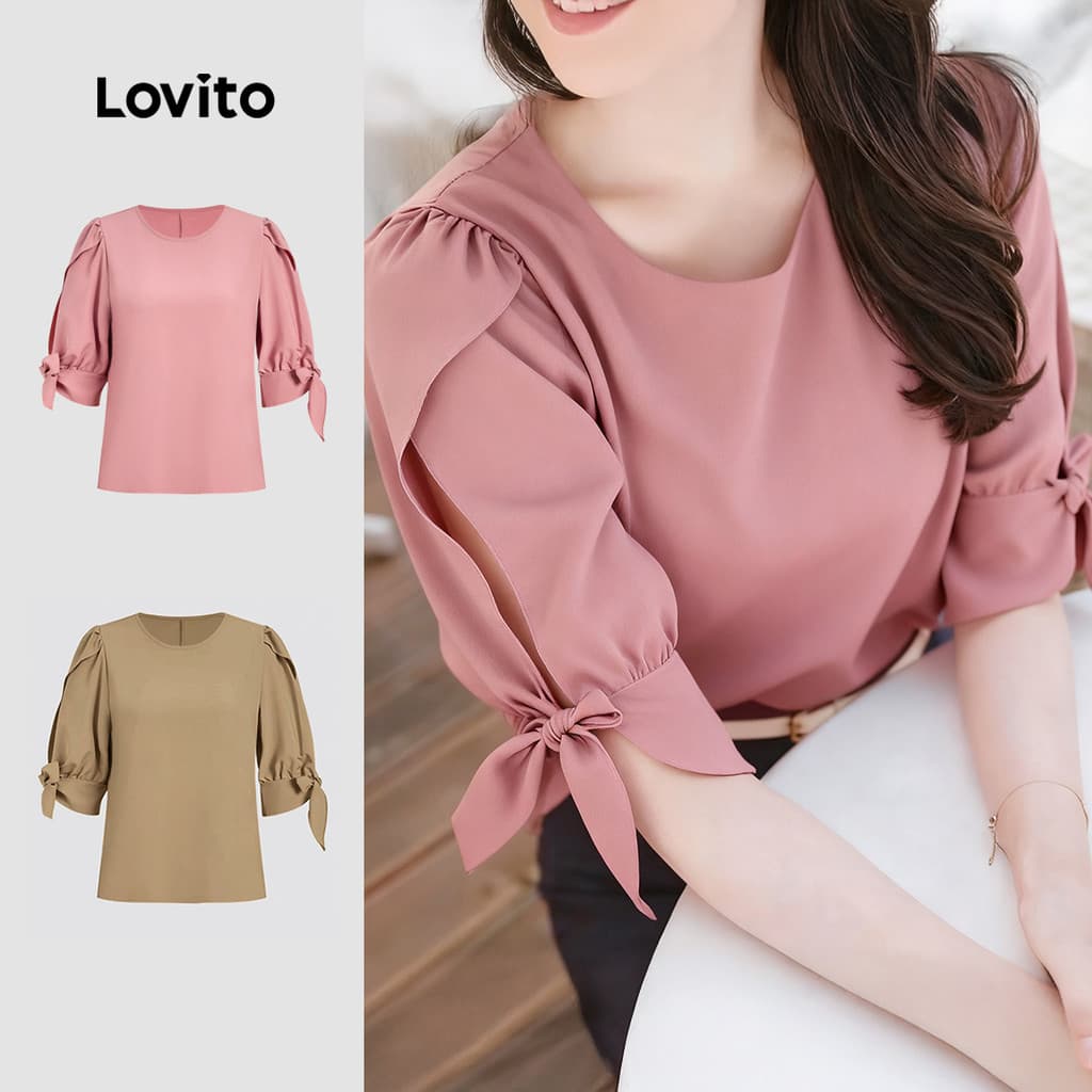 Lovito Elegante Blusa de Renda Simples para Viagem Primavera/verão Rosa para Mulheres Bordado L172ED765