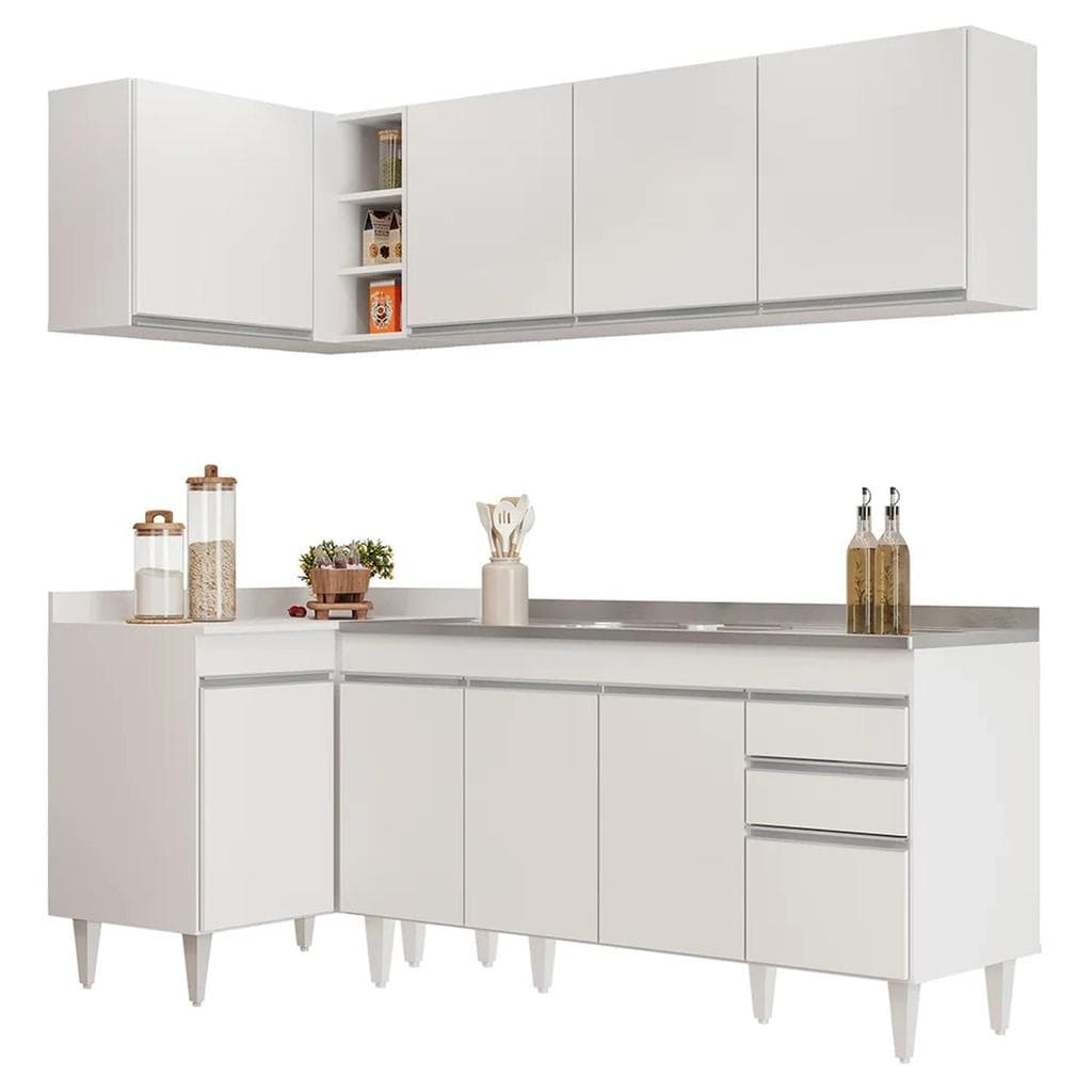 Armário de Cozinha Modulado de Canto Direito 4 Peças CP42 com Pia Inox Branco - Lumil