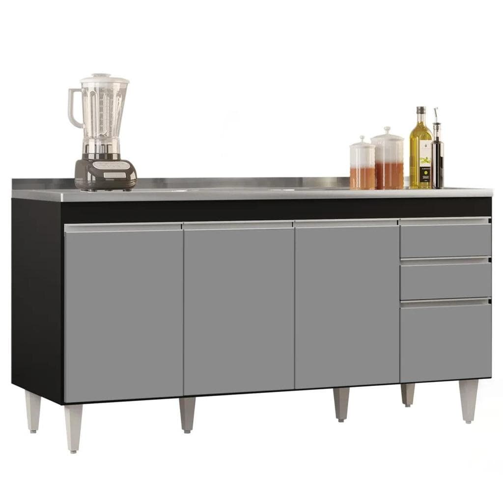 Balcão Gabinete com Pia Inox 160cm Arkansas Preto/Cinza - Lumil