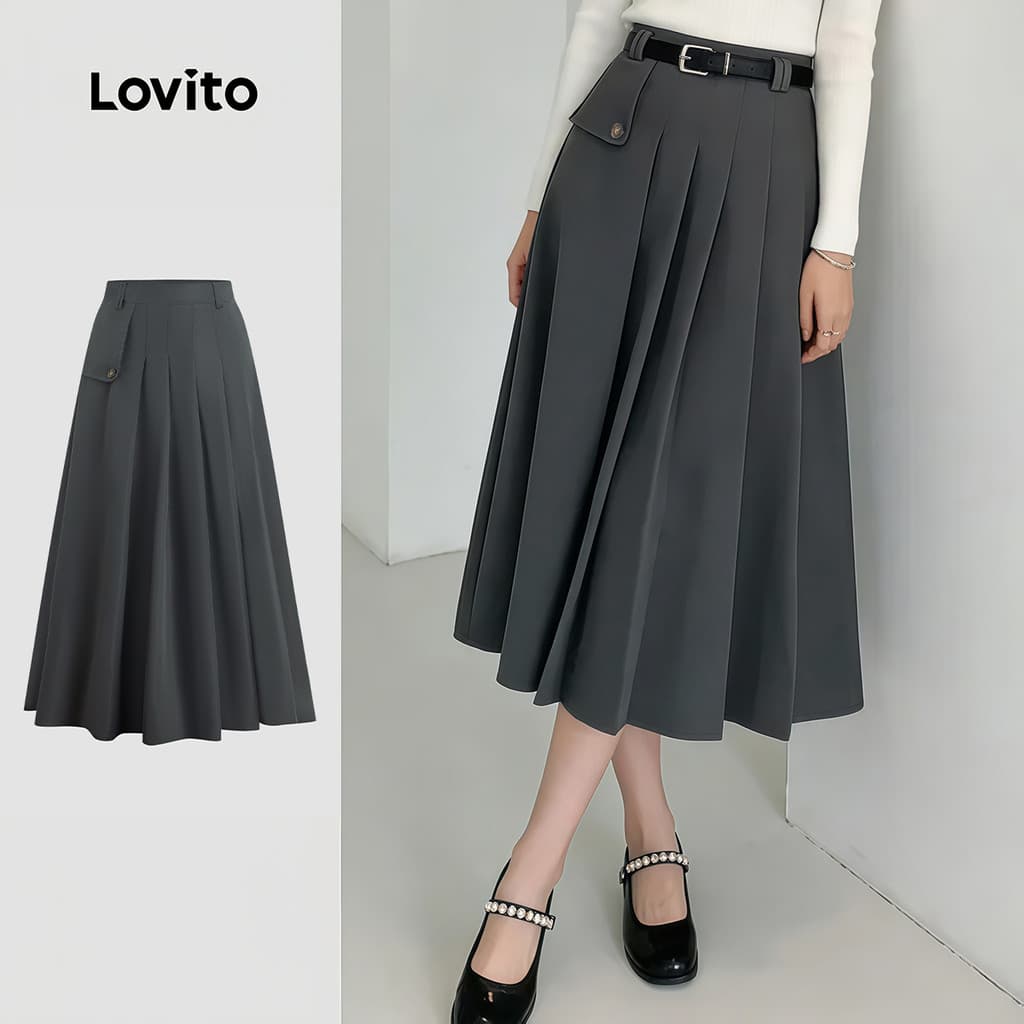 Lovito Saias Elegantes Plissadas Botão Cinza Escuro Saias para Mulheres LK6LD221