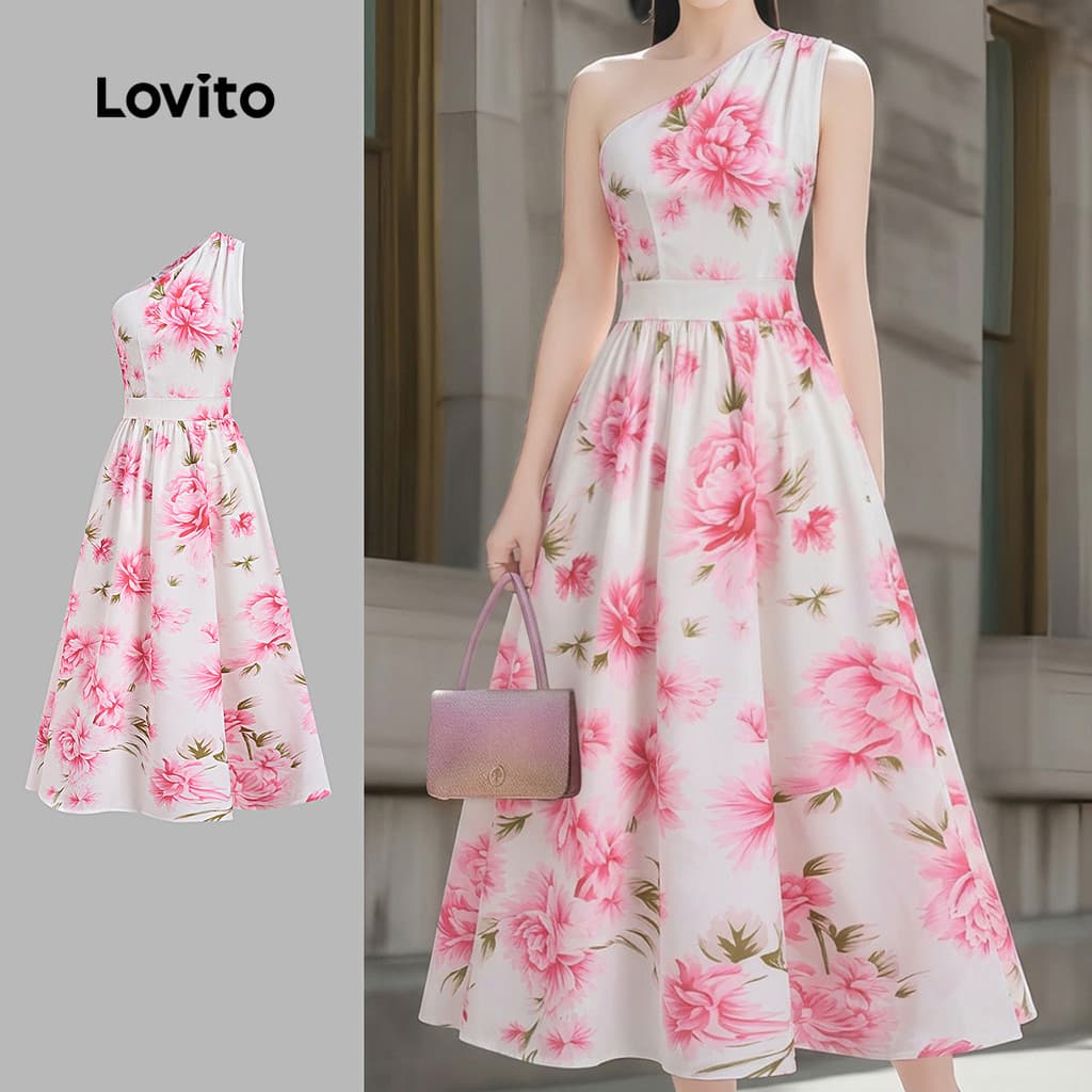 Lovito Vestido Boho Assimétrico com Flores Plissado Primavera/verão Rosa para Mulheres LK6AD118