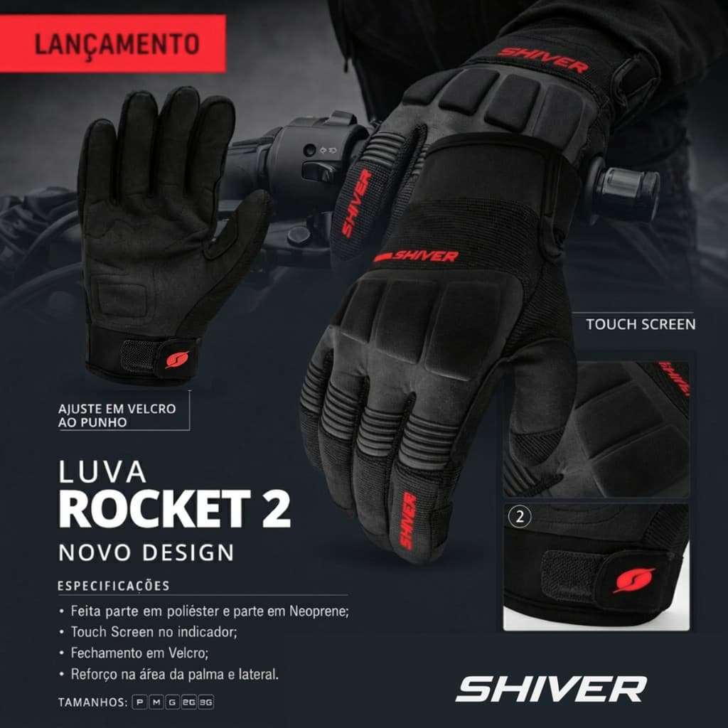 Par Luva Motociclista Piloto Shiver Rocket 2 Vermelha Preta Neoprene Proteção Segurança touch Screen velcro tipo X11