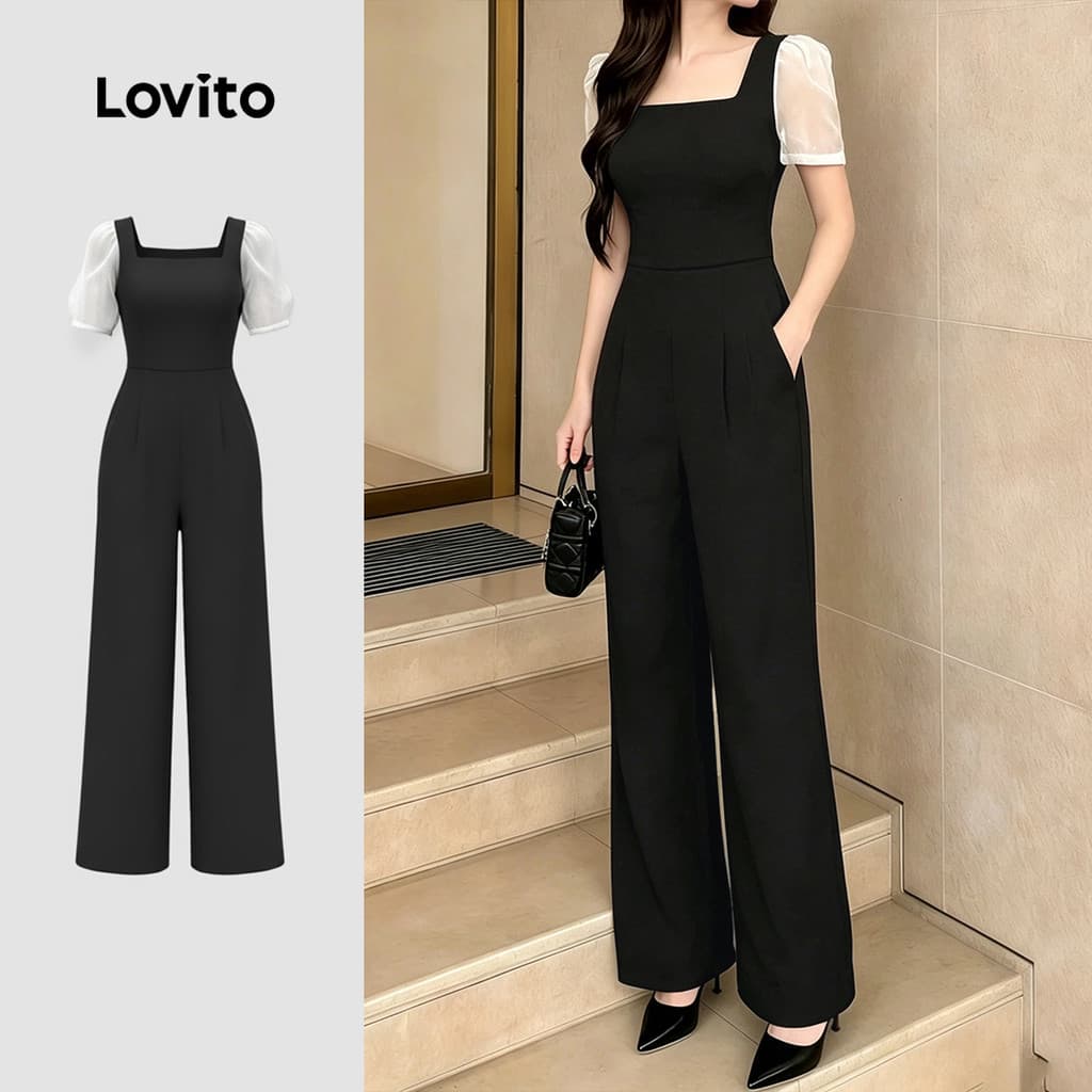 Lovito Macacão Elegante para O e Estiloso Preto para Primavera/verão para mulheres LK4ED1535