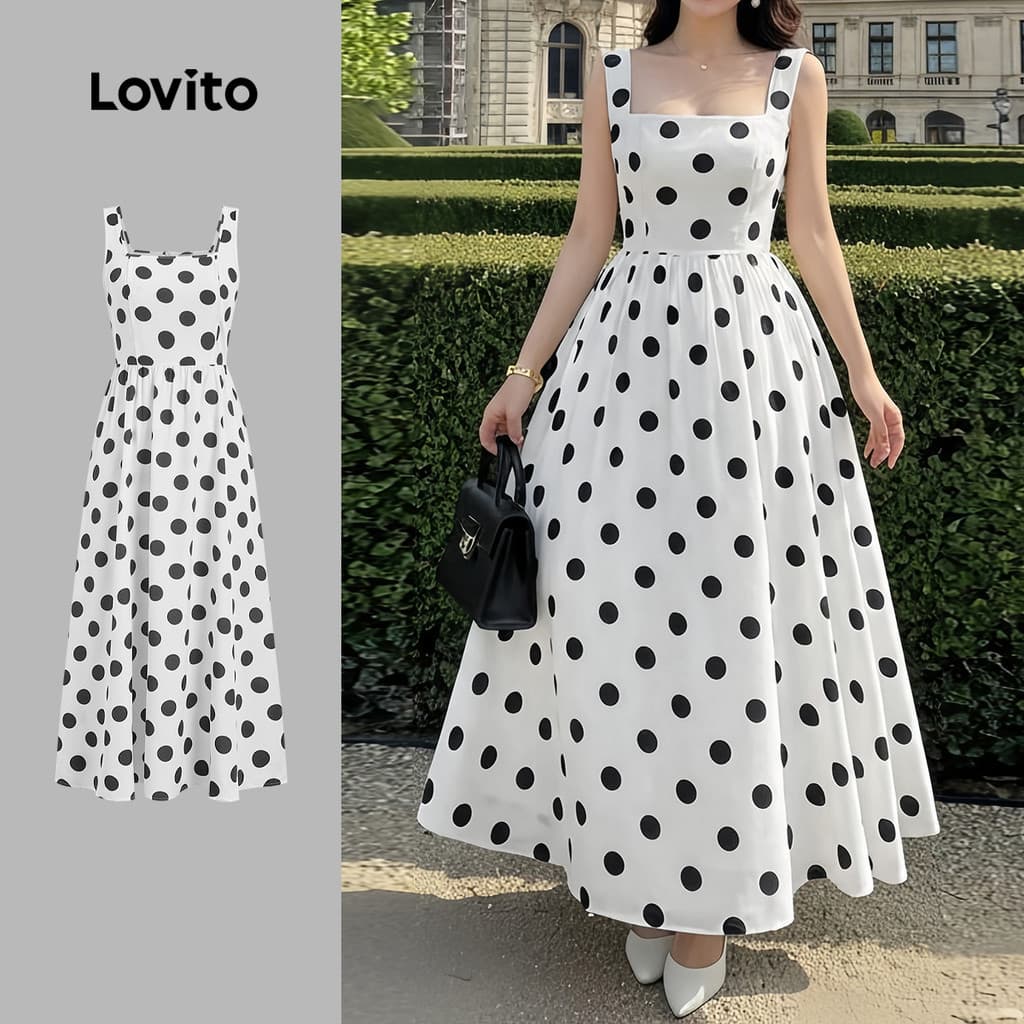 Lovito Vestido Boho com Zíper Primavera/verão Vestido Preto e Branco para mulheres LK6LD256