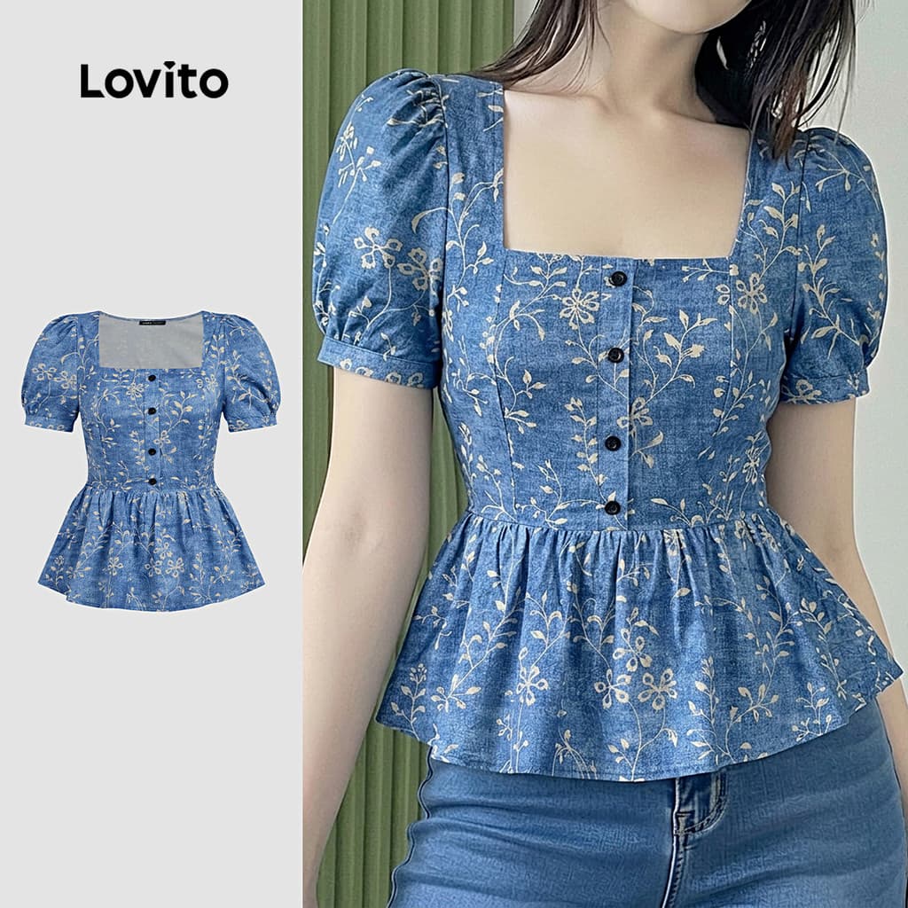 Lovito Blusa Azul de Primavera/verão Elegante com Padrão Plissado para Mulheres LK6ED219