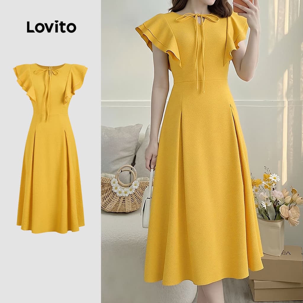 Lovito Vestido Elegante com Babados Amarelo Primavera/verão para mulheres LK6LD388