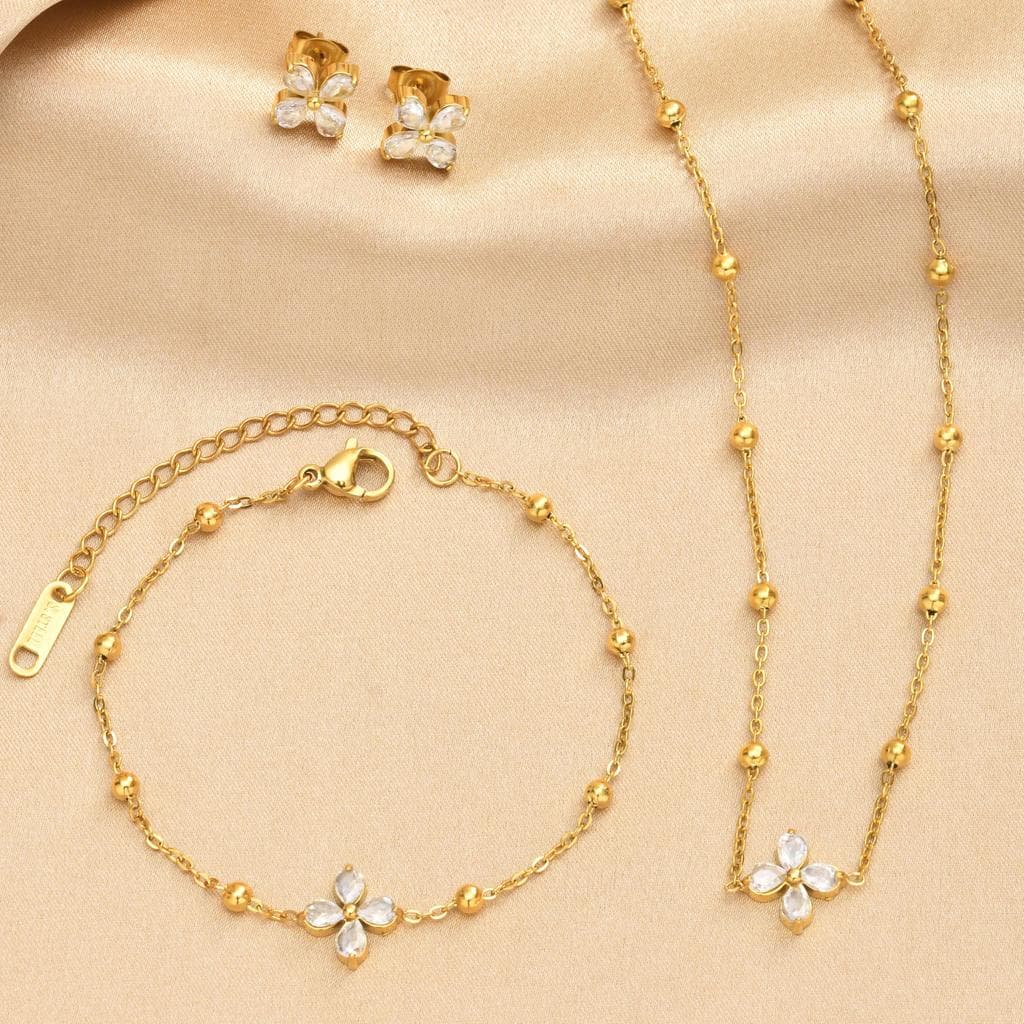 Vnox Pulseira Colar Brincos Banhado A Ouro Trevo De Quatro Folhas Conjunto Para Mulheres , Aço Inoxidável Zircão Frisado