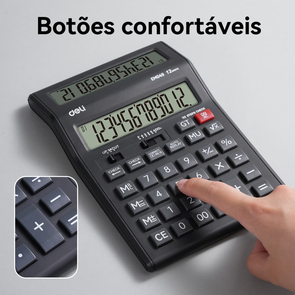 Calculadora de Mesa Deli 12 Dígitos Duplo Display Função Check Grande Visor Preta