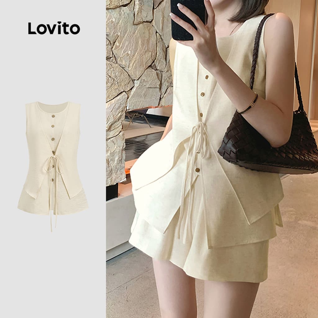 Lovito Tops ou Bottoms Casuais Falsos 2 em 1 Bolso Offwhite Conjunto de Primavera/verão para Mulheres L191AD069