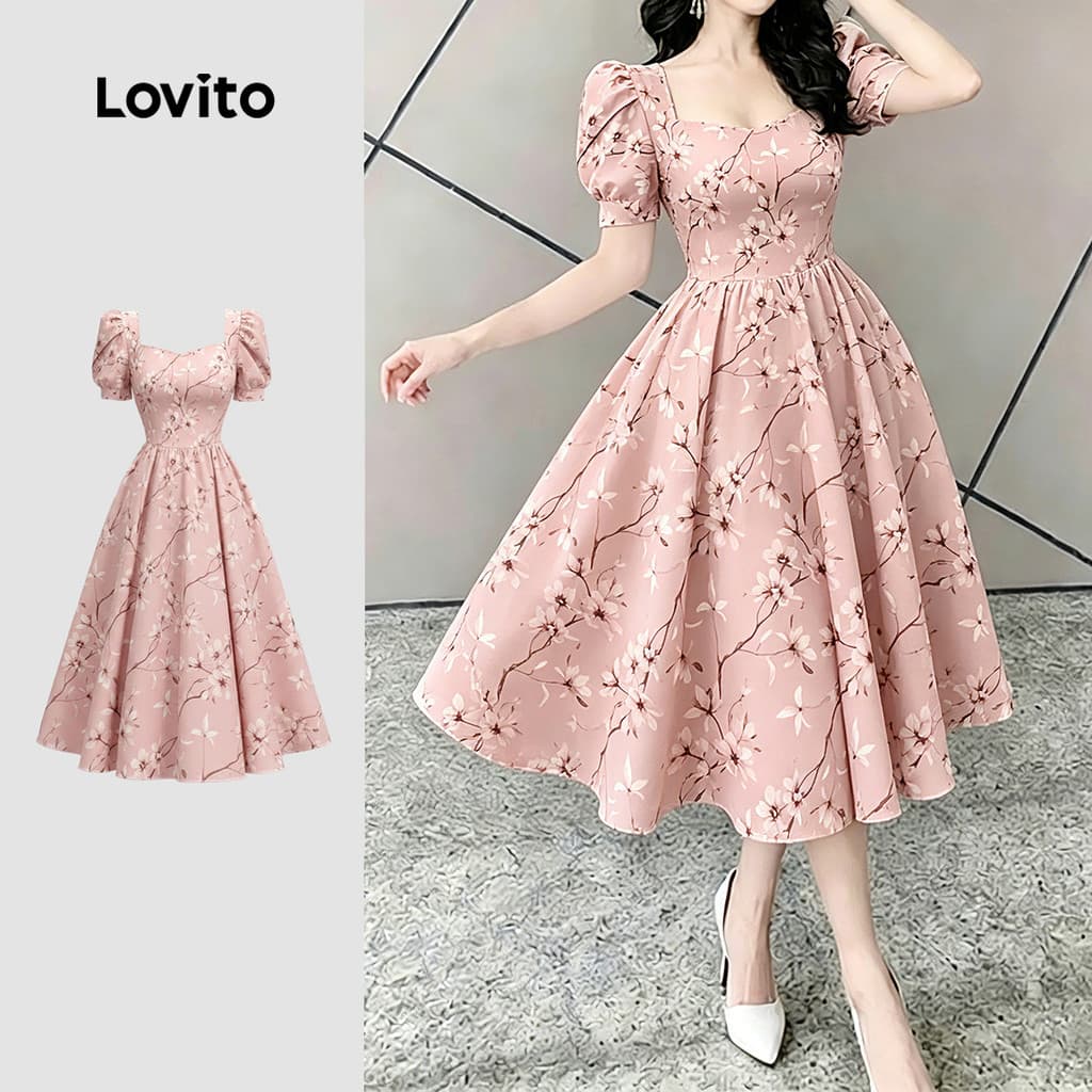 Lovito Vestido Casual com Flores e Estrutura de Linhas de Lazer para Mulheres Na Primavera/Verão LK6ED728