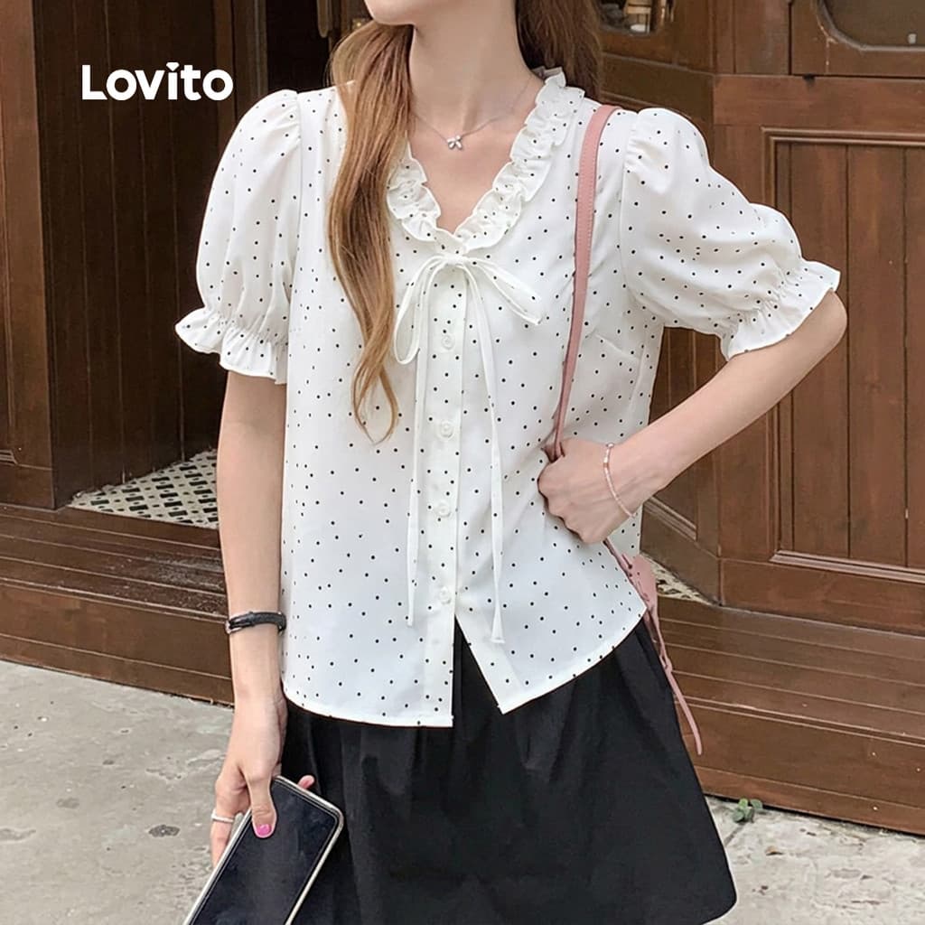 Lovito Blusa Fofa Babados Laço Frente Lazer Primavera/verão Blusa Damasco para Mulheres LK5AD721