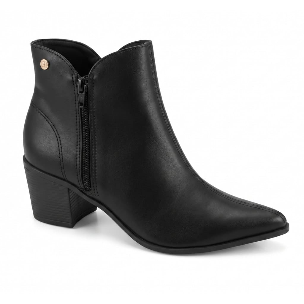 Bota Feminina Via Uno Preta Zíper Salto Bloco Baixo Bico Fino