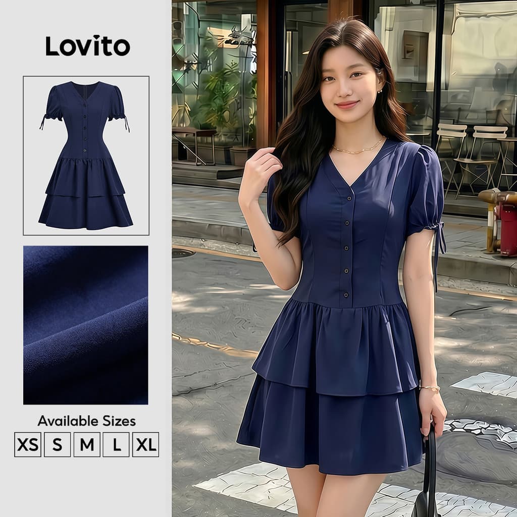 Lovito Casual Vestido com Renda Botões e Camadas em Azul Marinho para Mulheres Primavera/Verão Bordado L178ED598