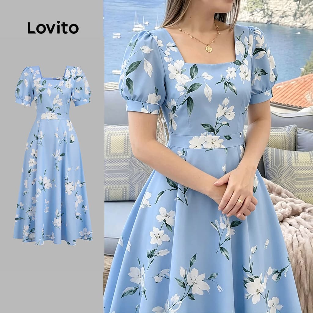 Lovito Vestido Elegante de Estrutura de Padrão Primavera/verão Azul para Mulheres LK6ED276