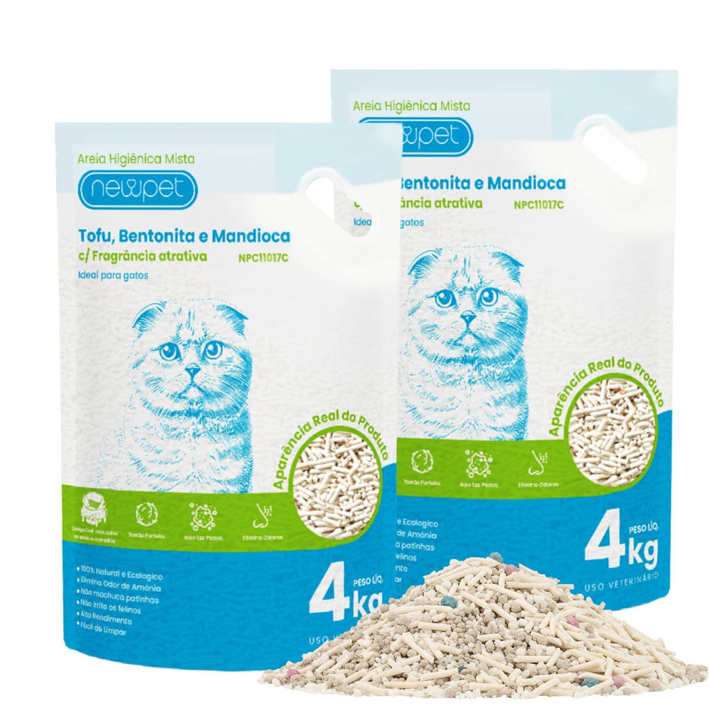 Kit 2 Areia Bentonita Tofu, Mandioca e Bentonita Premium Newpet para Gatos - 4 Kg