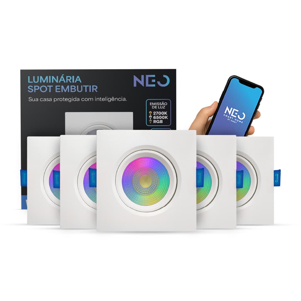 Kit Spot Led Smart Wi-fi 2.4 GHz Embutir 5w RGB 110v 220v Quadrado ou Redondo Branco Neo Avant