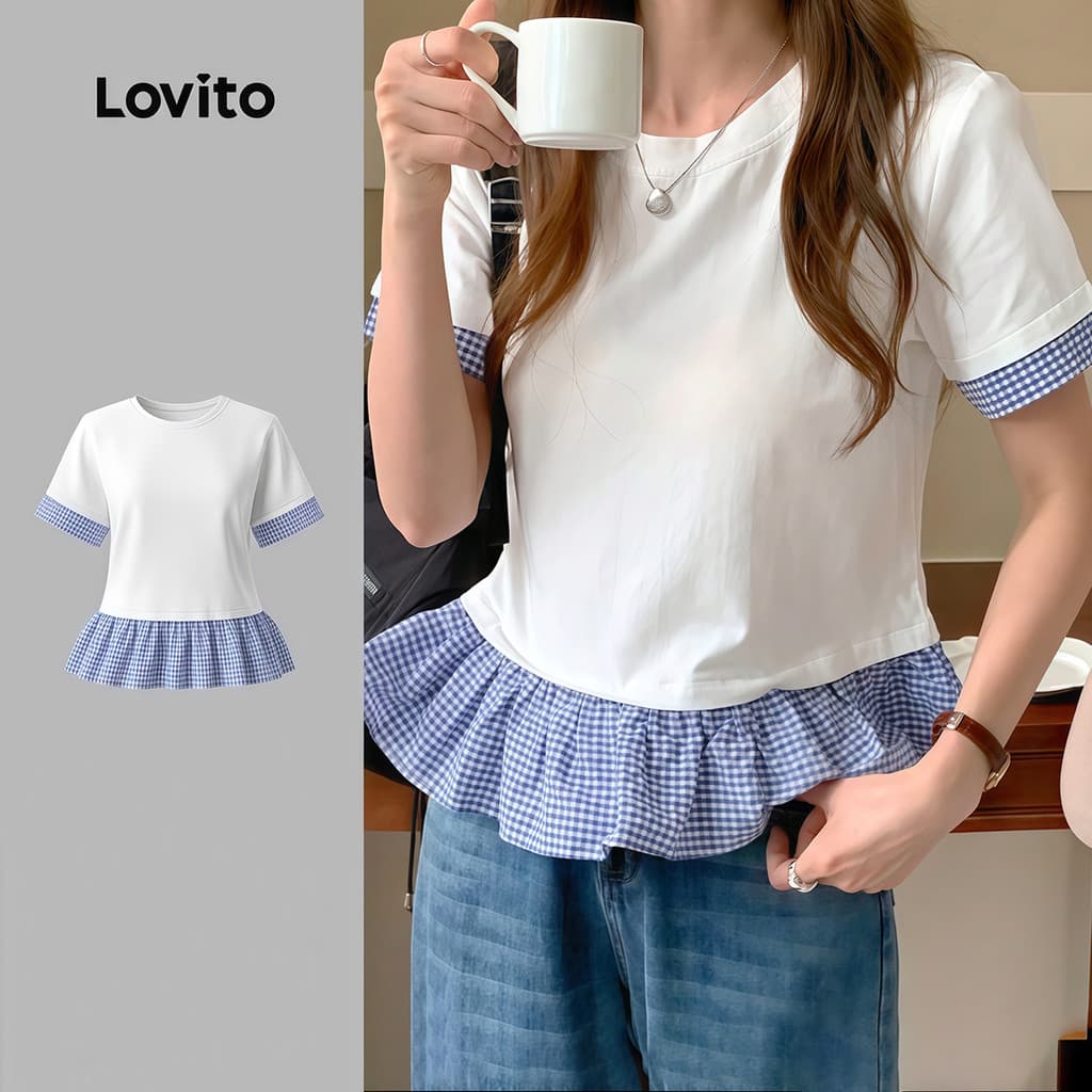 Lovito Xadrez Camiseta Branca Com Babado Casual Off-white Confortável e Estilosa para Mulheres Primavera/verão LK4ED1733