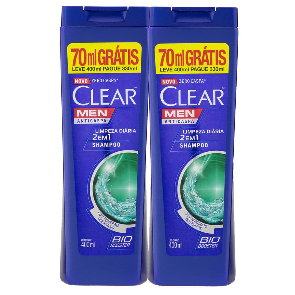 Kit 2 Shampoo Clear Men Limpeza Diária 2 em 1 Leve 400ml Pague 330ml