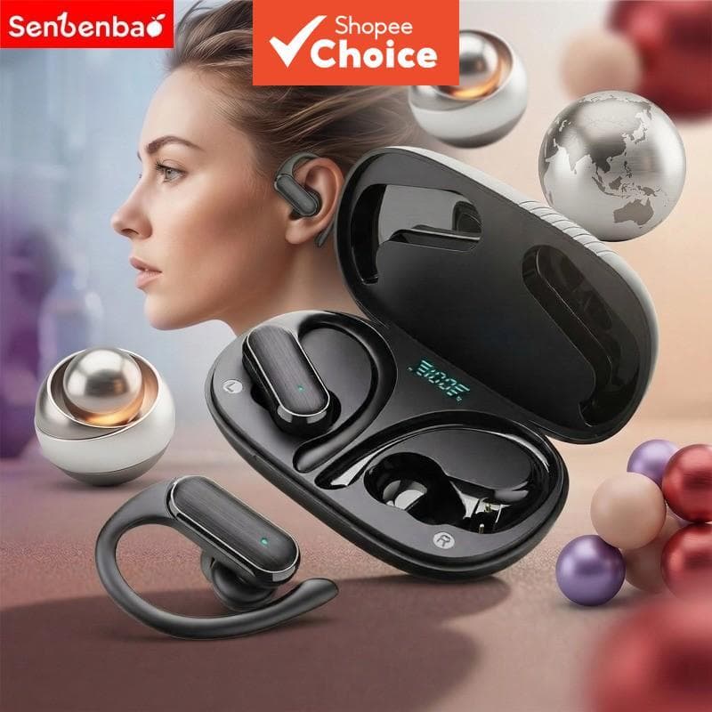 Fones de ouvido esportivos sem fio SENBENBAO A520 com Bluetooth 5.4, design estéreo com gancho, cancelamento de ruído e
