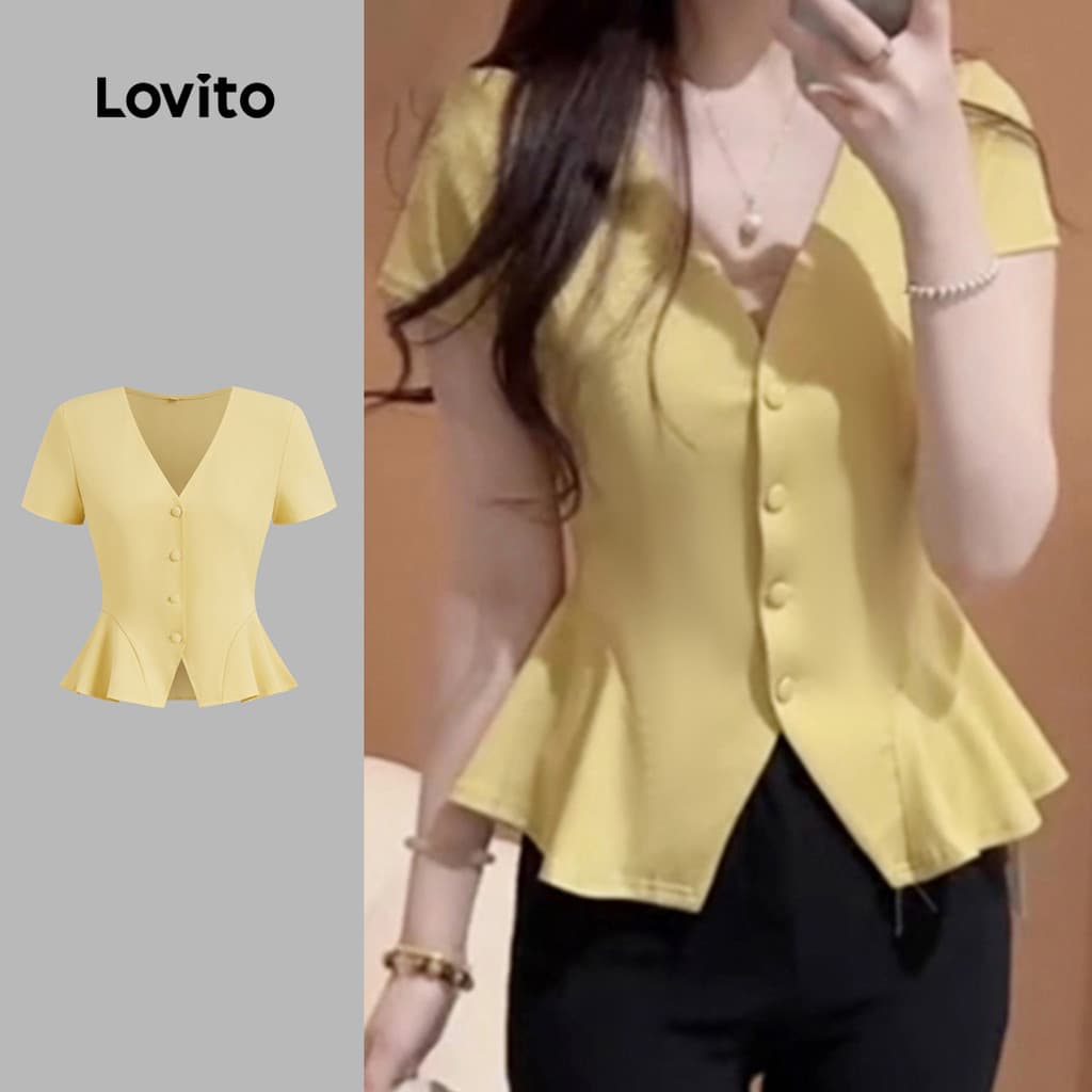 Lovito Elegante Blusa de Botão Frente Dividida Frente Primavera/verão Blusa Amarela para Mulheres L142ED617