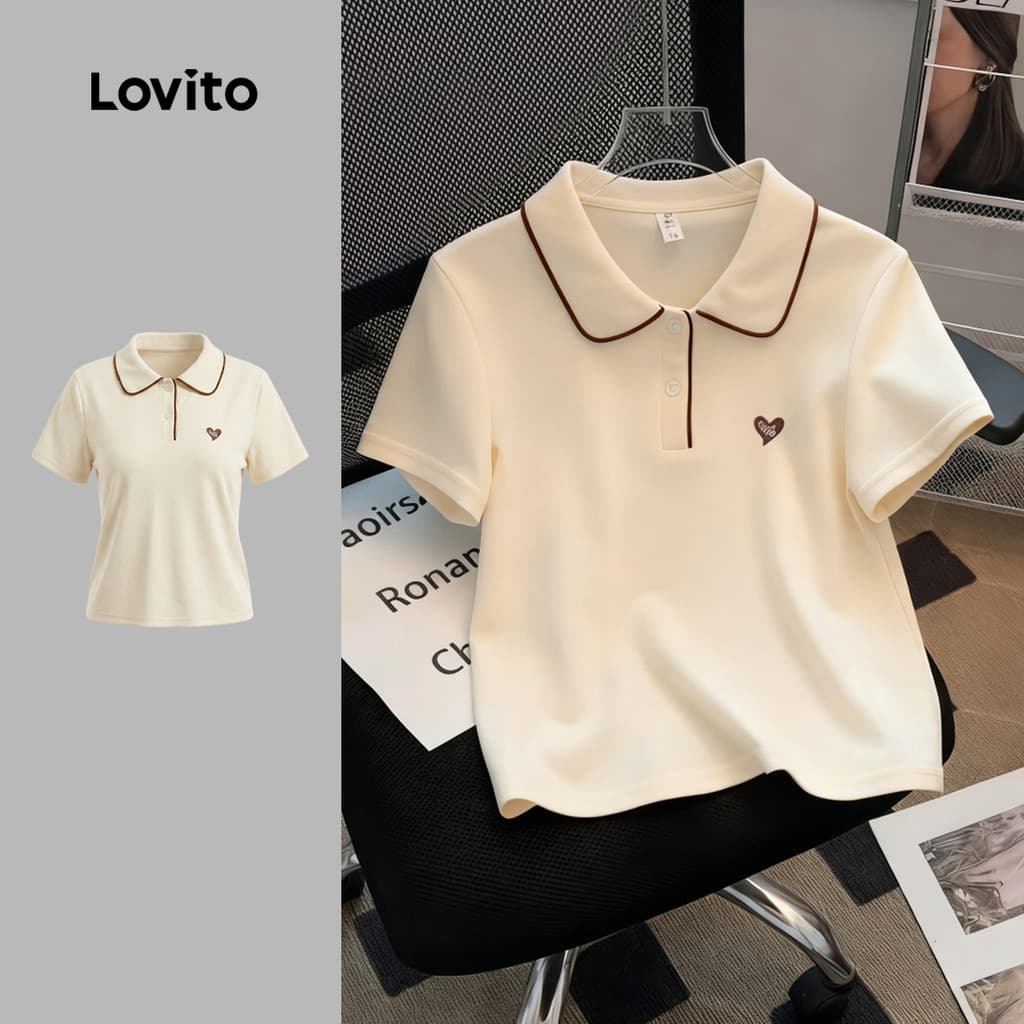 (Casual) Lovito Camiseta Branca Com Detalhes Contrastantes Para Mulheres Ideal Para a Primavera/verão LNE109D004
