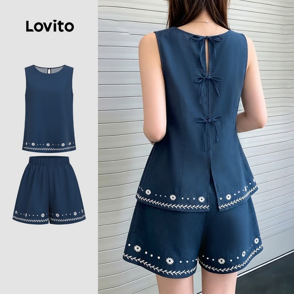 Lovito Elegantes Tops Nacional Textura Primavera/Verão Shorts AzulMarinho Para Mulheres LK6ED784