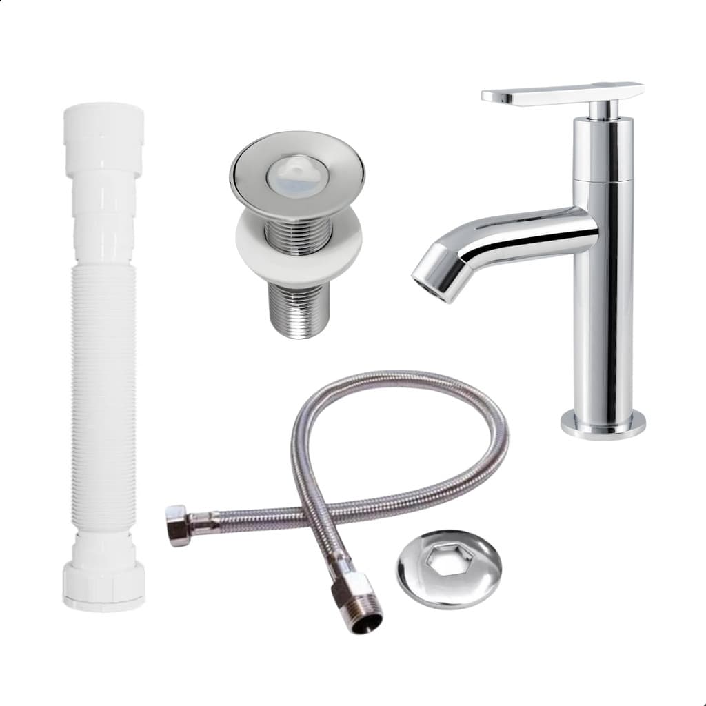 Kit para Lavatório Banheiro Torneira + Válvula + Sifão + Engate Cromado
