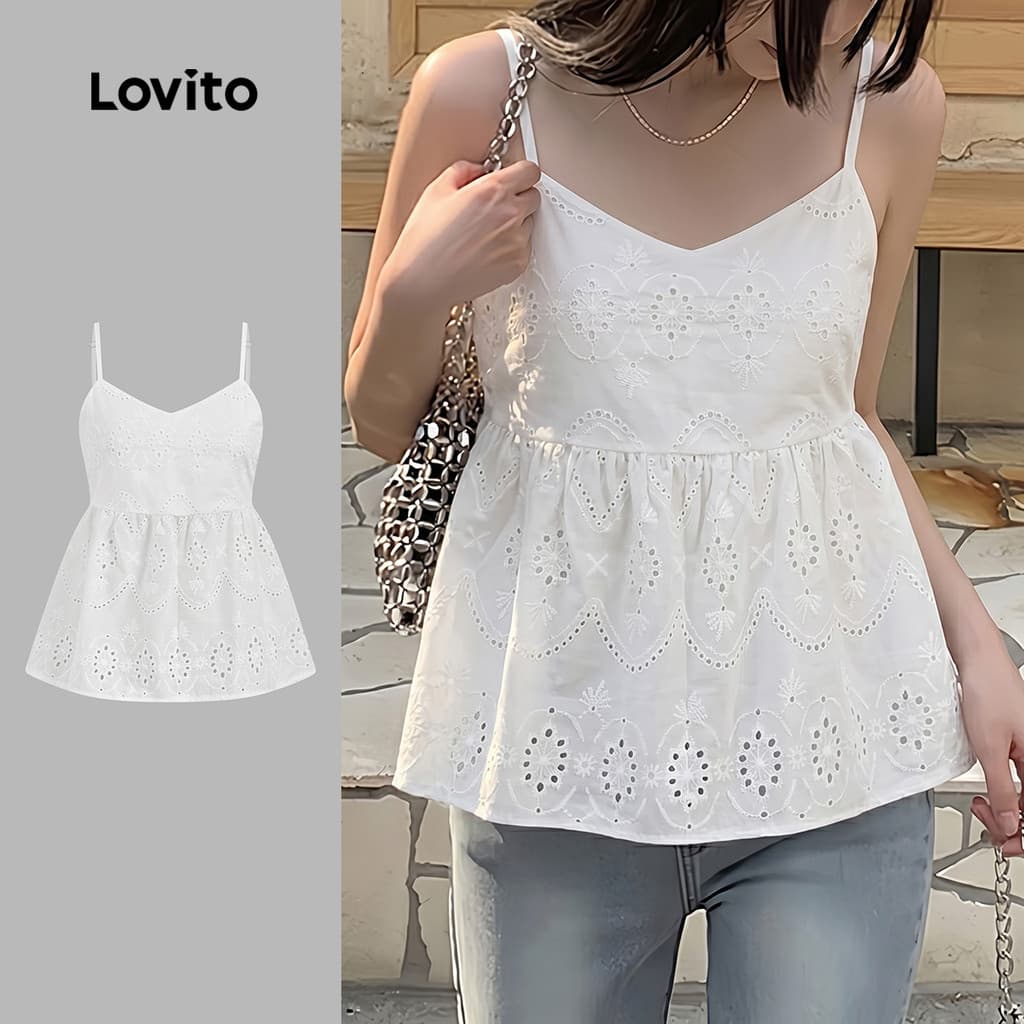 Lovito Férias Top com Recorte em Ilhós Bordado para a Primavera/verão Branco para mulheres LK4LD2627