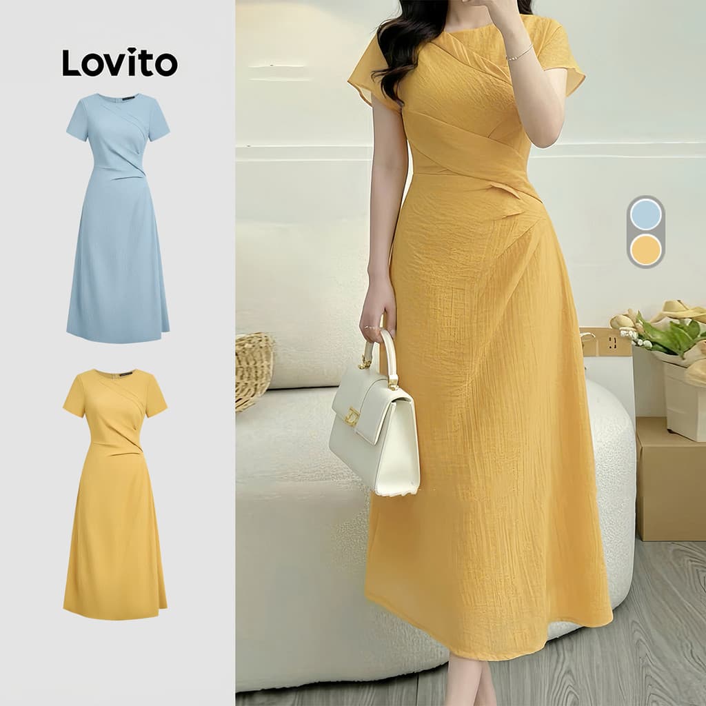 Lovito Midi Elegante Vestido Pregueado Plissado Primavera/verão Amarelo para Mulheres LK4ED483