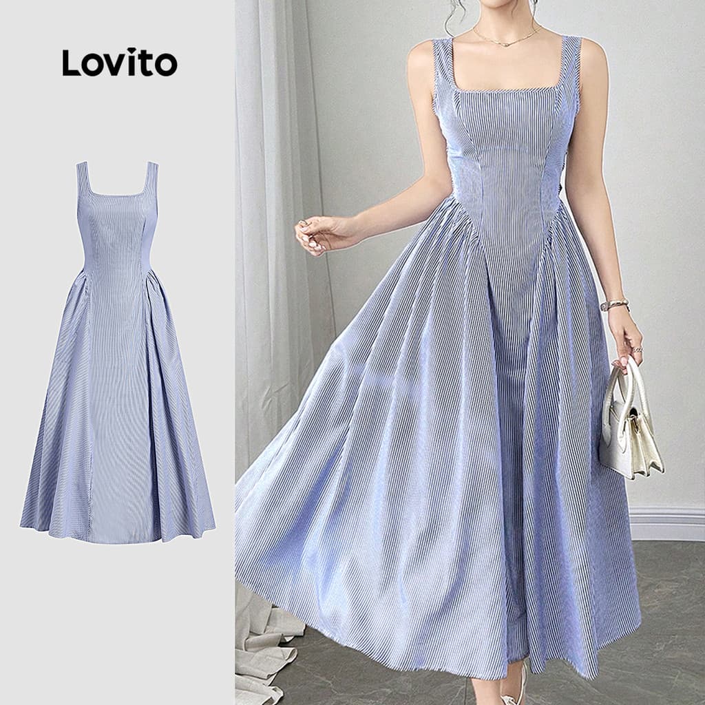 (Elegante) Lovito Vestido com Laço Nas Costas para Primavera/verão Azul para Mulheres L149LD324