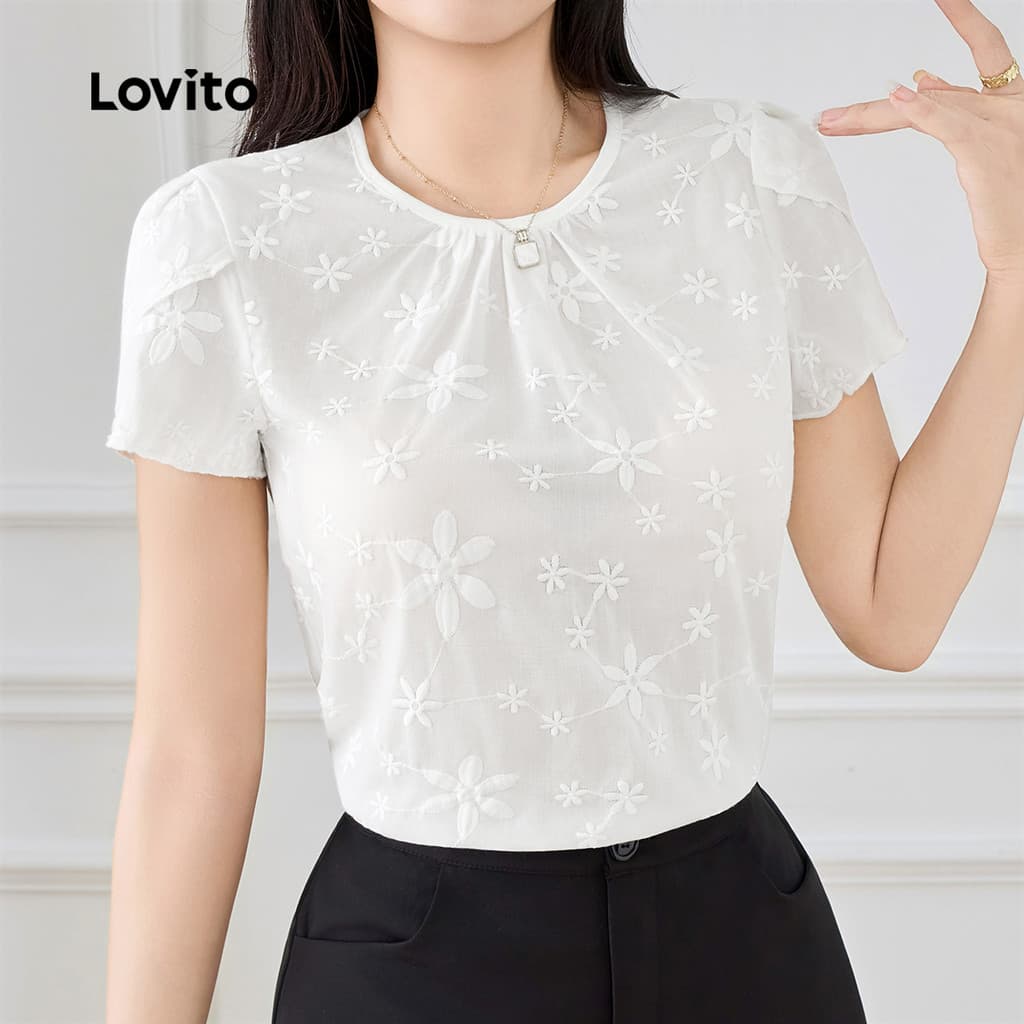 Lovito Elegante Blusa com Bordado de Ilhós Primavera/verão Blusa Branca para Mulheres L154ED131