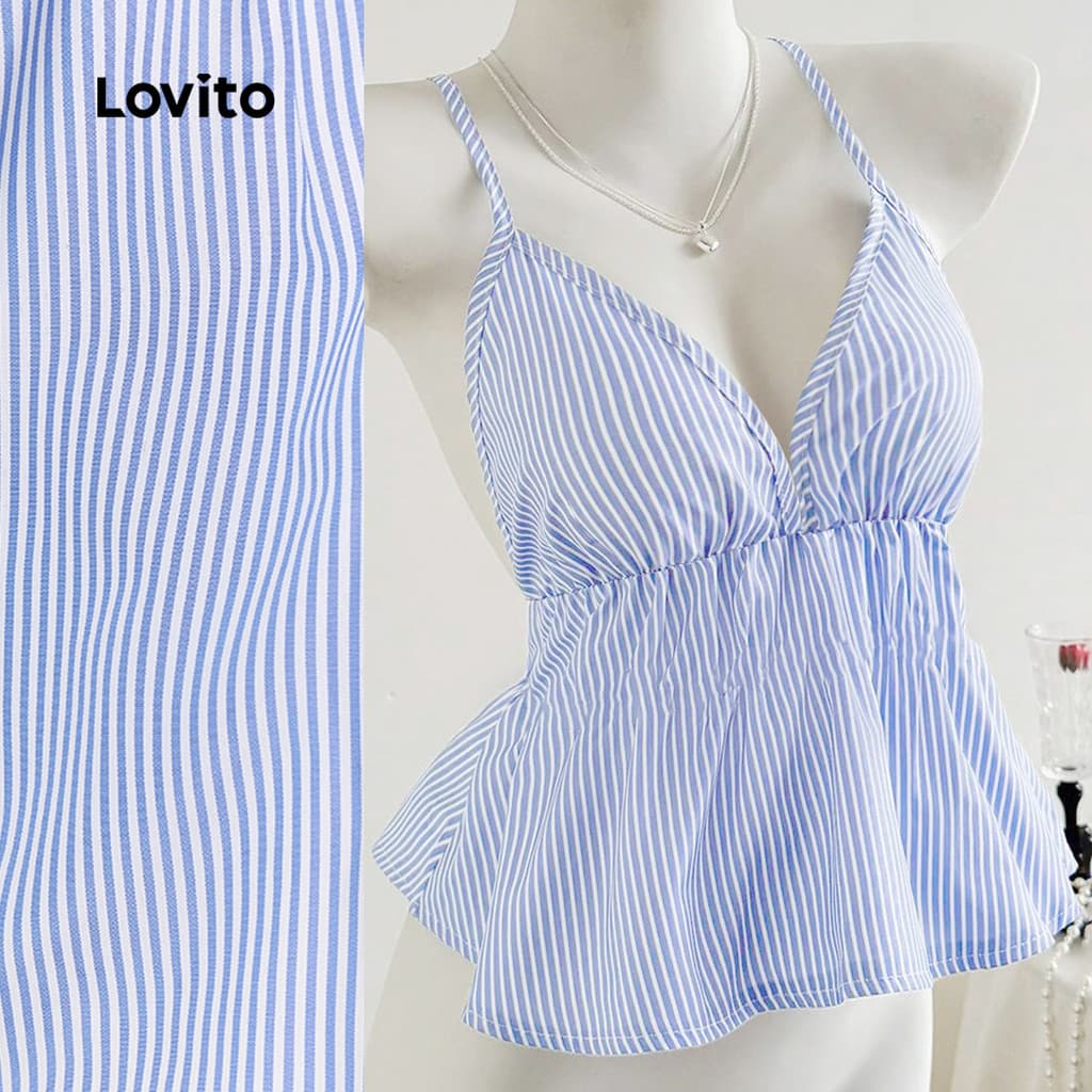Lovito Férias Blusa com Drapeado Pregas Toque Suave Primavera/verão Top Azul L139AD351