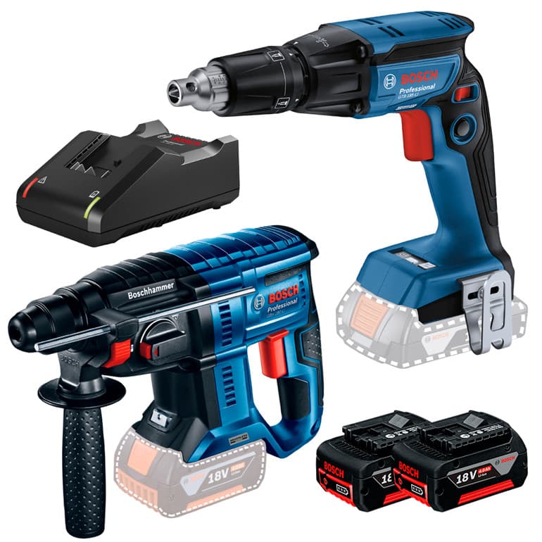 Kit Parafusadeira Drywall GTB 185-LI + Martelete Rotativo Rompedor GBH 180-LI + 2 Bateria 4Ah + Carregador Rápido Bosch