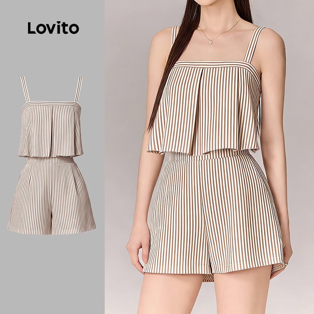 Lovito Macacão Casual Listrado Plissado Rosa Primavera/verão Para Mulheres L189ED069