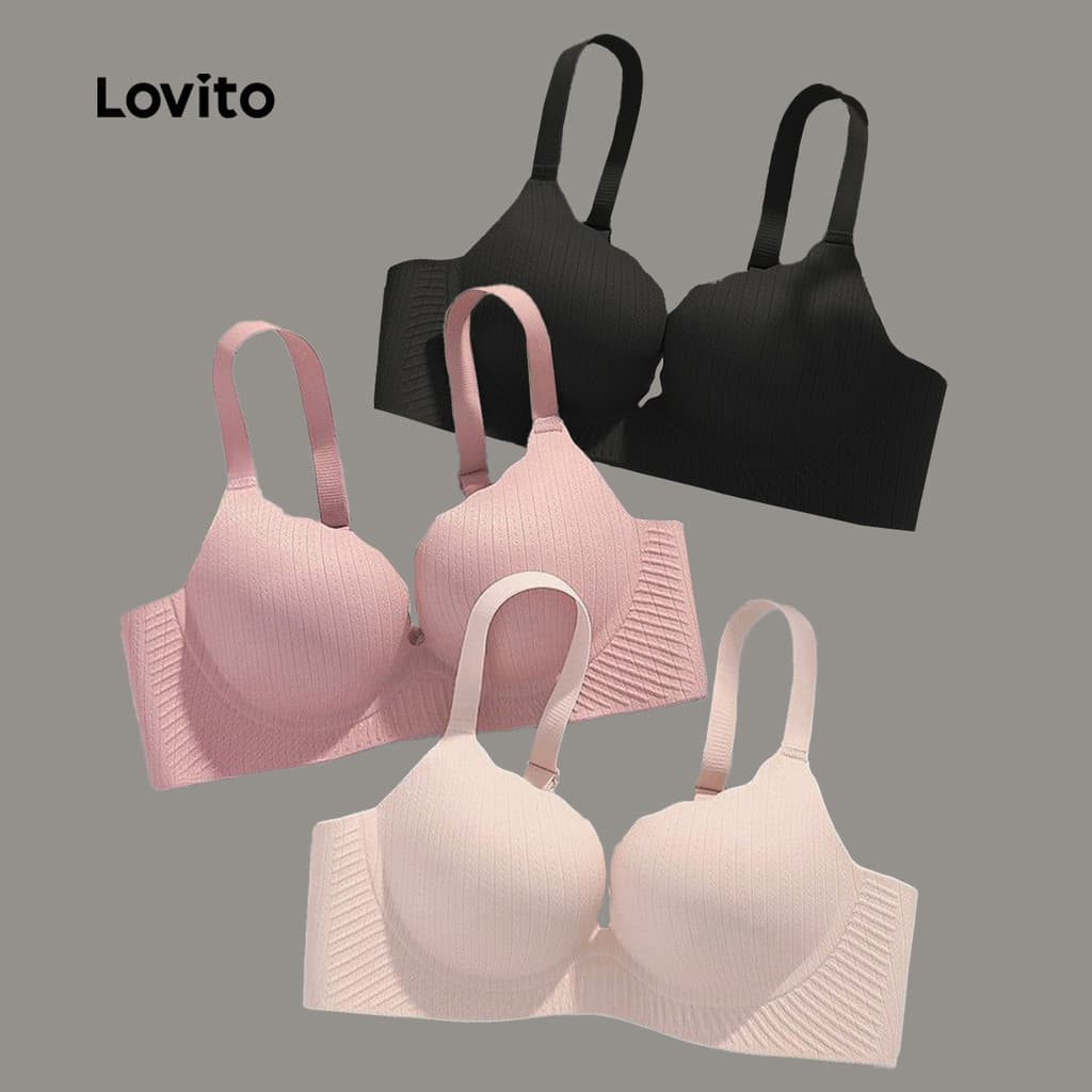 (Casual) Lovito Soutien-gorge Sensual de Algodão Macio Sem Costura com Bojo Push Up para Mulheres Rosa Sem fio LNE117257