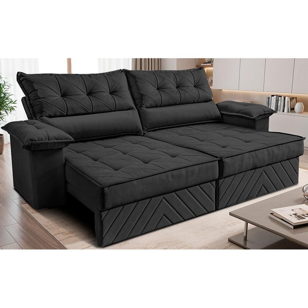 Sofá Retrátil e Reclinável 2,10m com Molas e Espuma D33 Thunder Velusoft Preto Cama inBox