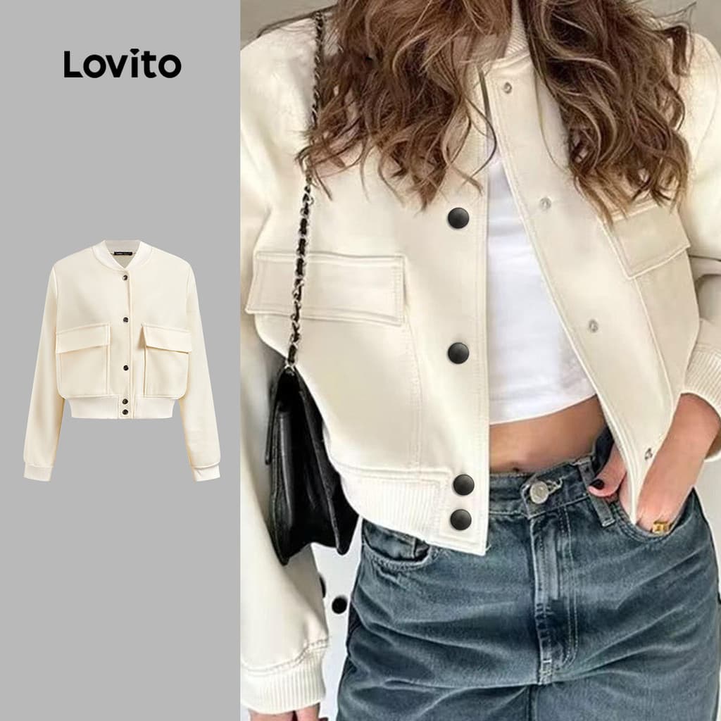 (Lovito x Glenda) Casual Jaqueta com bolso liso para mulheres LNM75189