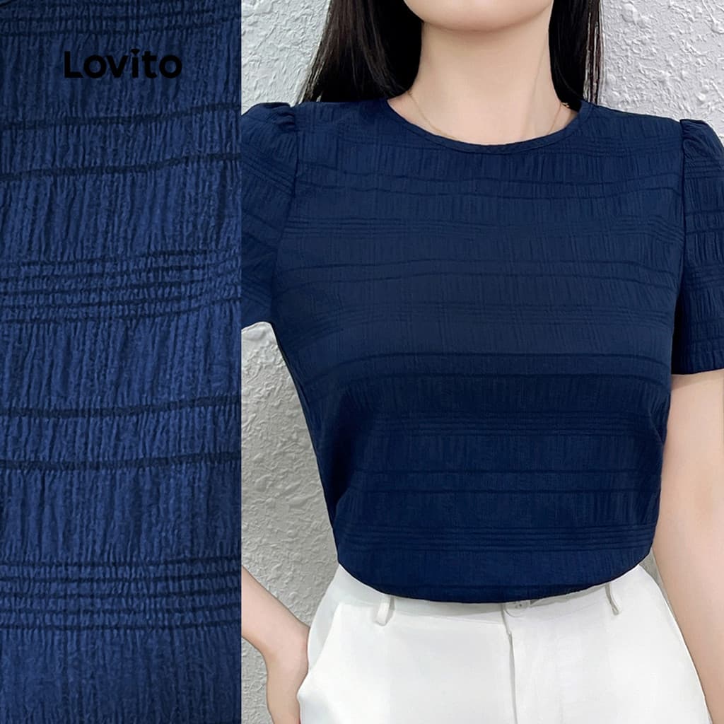 Lovito Casual Blusa Para Uso Diário Blusa Azul Marinho Simples Em Jacquard Primavera/verão Para Mulheres L138ED085