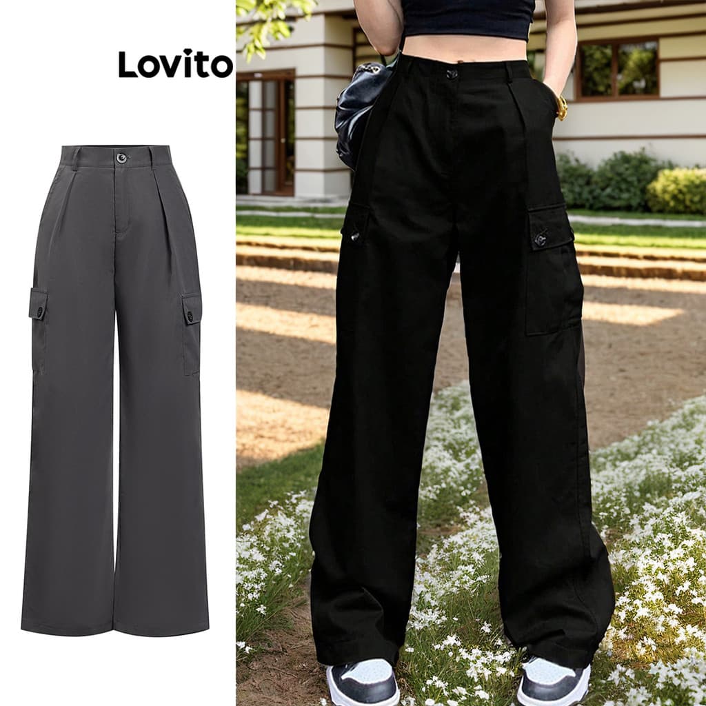 Lovito Casual Calças Básicas com Bolsos para Mulheres L74ED087 (Multicolorido)