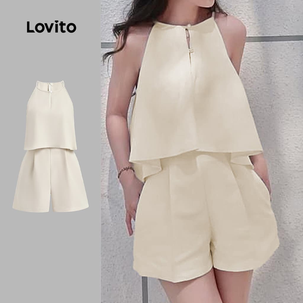 (Casual) Lovito Macacão de Duas Camadas para Primavera/verão Macacão de Damasco para mulheres L149ED423